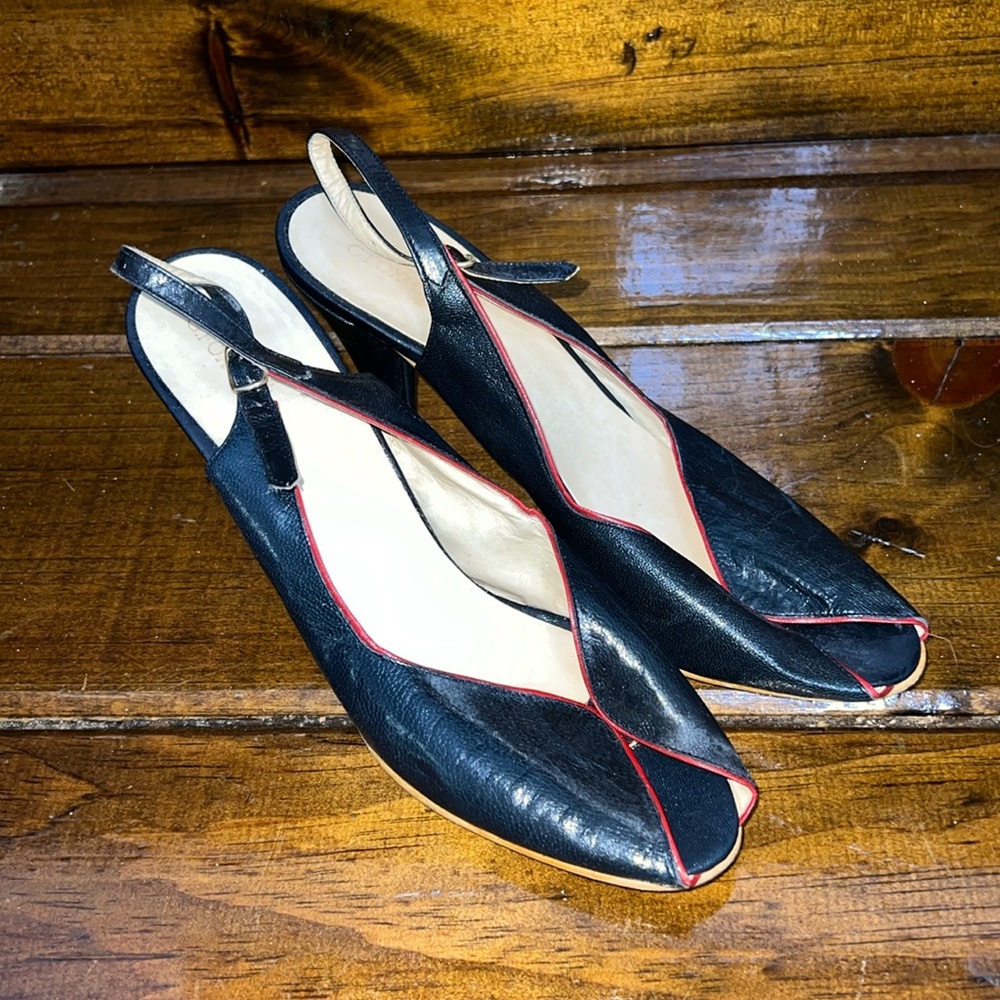 Vintage G. Fox & Co. Navy Blue Leather Peep Toe Slingback Narrow Heels- 9N‎